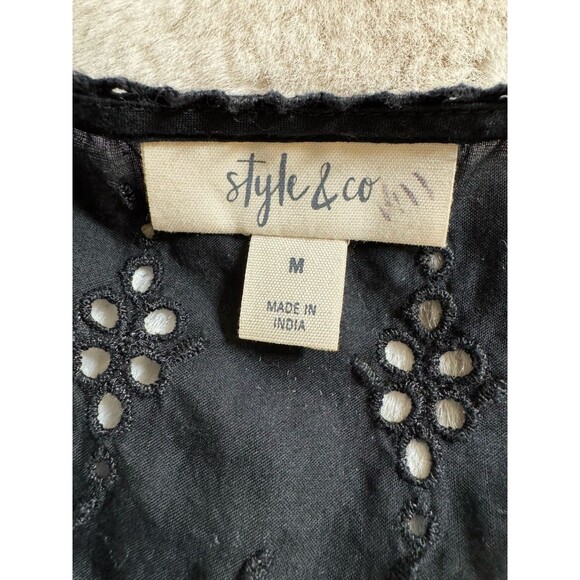 Style & Co Eyelet Tassel Balloon Long Sleeve Blouse Black Women’s Size M EUC - Picture 4 of 6